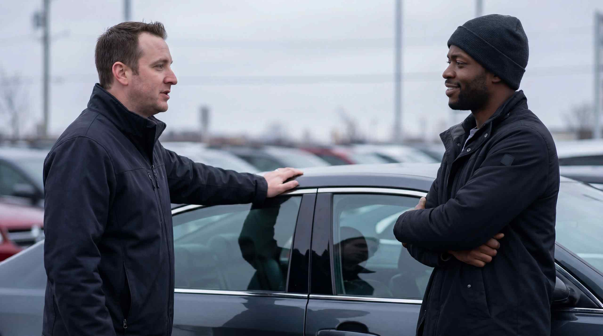 A car salesman pitching a customer on a car.